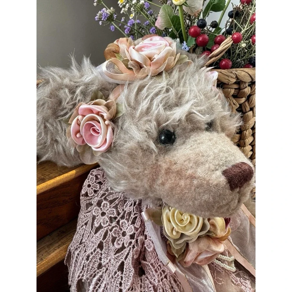 Vintage Plush Teddy Bear Doll W/Lace Dress & Floral Detail Cottagecore Aesthetic